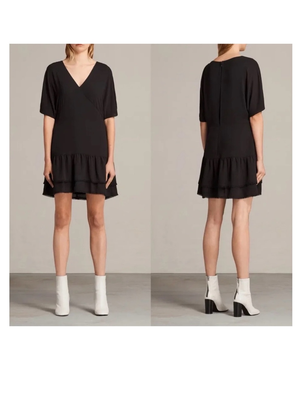 AllSaints Black V-Neck Tiered Mini Dress